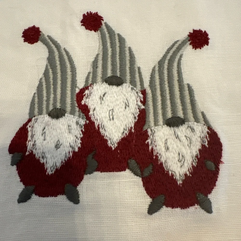 Pottery Barn White Tea Towels with Red & Gray Gnome Embroidery